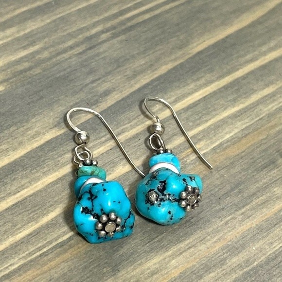 Boho Raw Stacked Turquoise Drop Earrings - Picture 6 of 8